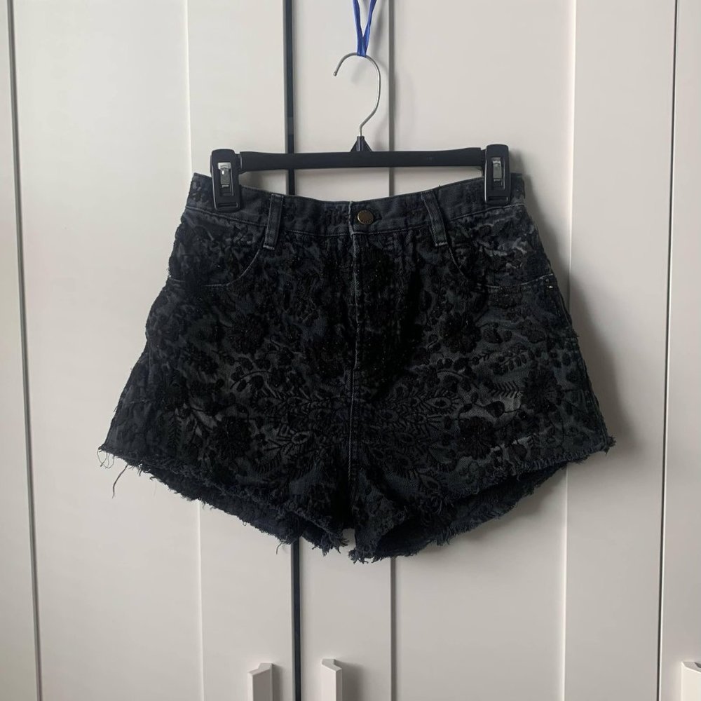 Free People Women's Black Embroidered High Waist Jean Shorts - Size 28